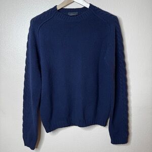 Prada Sweater Mens 52 Navy Crewneck Knitted Cable-Detail Sleeves Wool Italy
